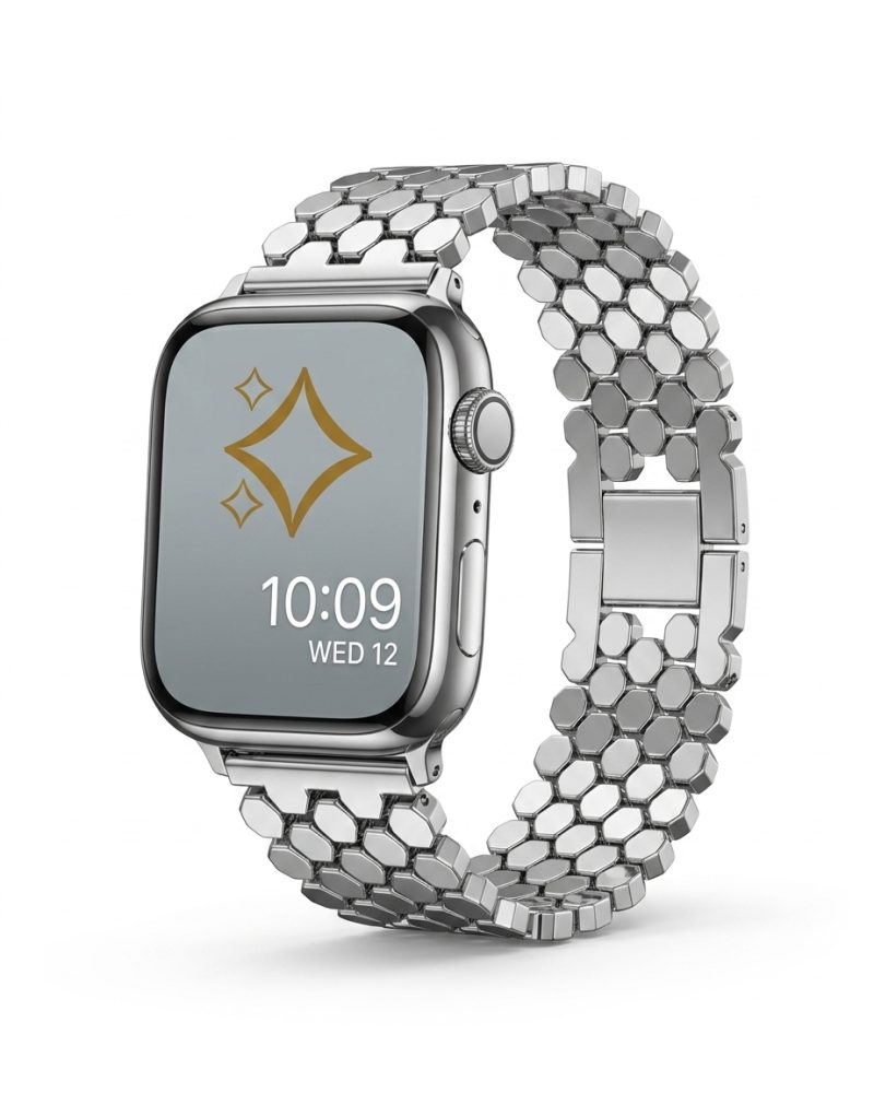 Silver metal smartwatch band with hexagonal link design and butterfly clasp