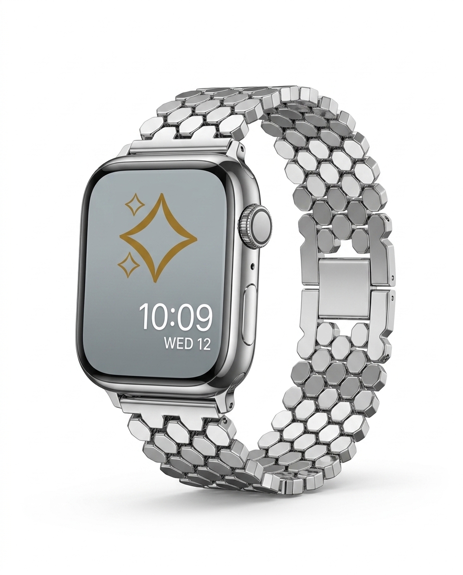 Silver metal smartwatch band with hexagonal link design and butterfly clasp