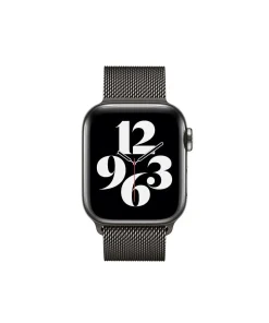 Black stainless steel smartwatch with Milanese mesh band and digital display