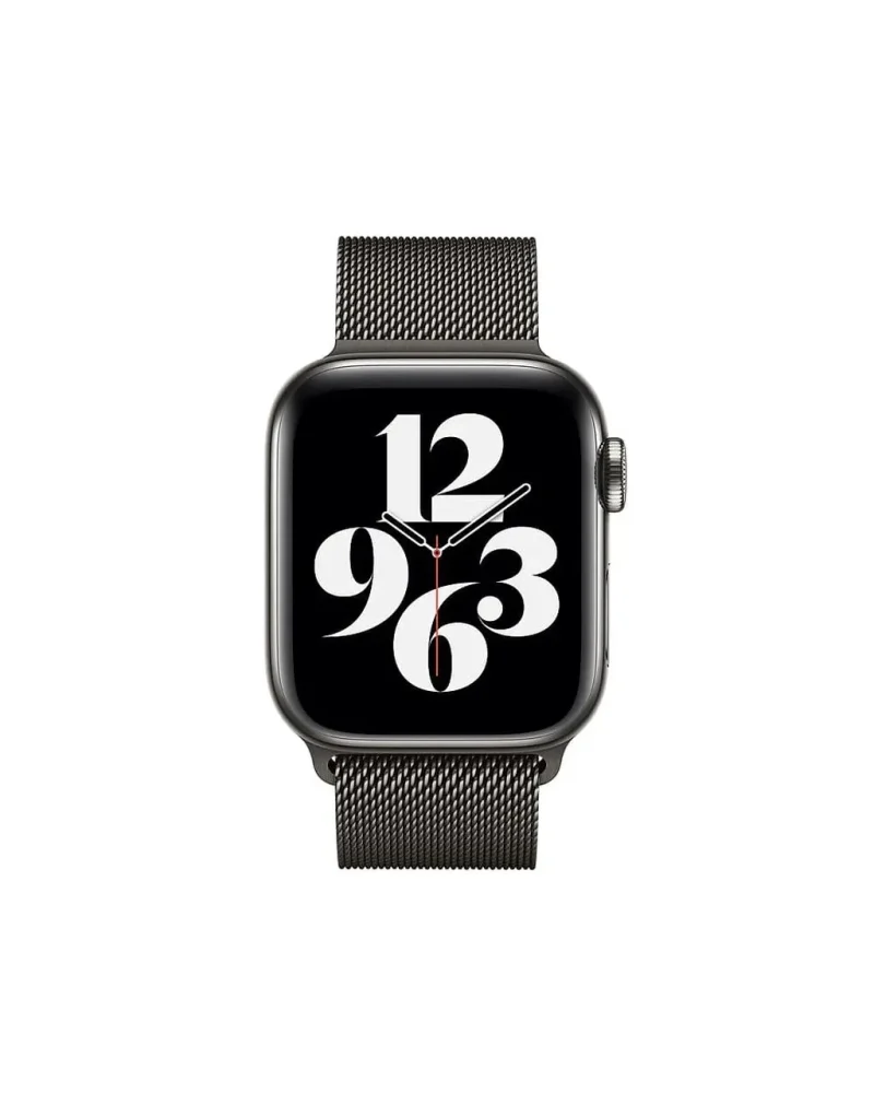 Black stainless steel smartwatch with Milanese mesh band and digital display