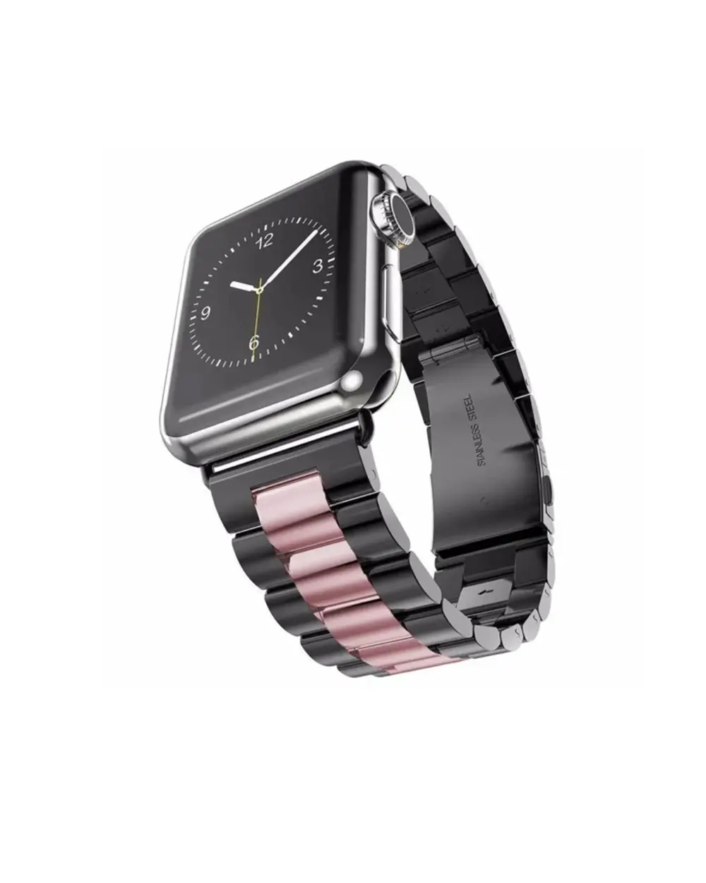 Stainless steel smartwatch with black and rose gold link band