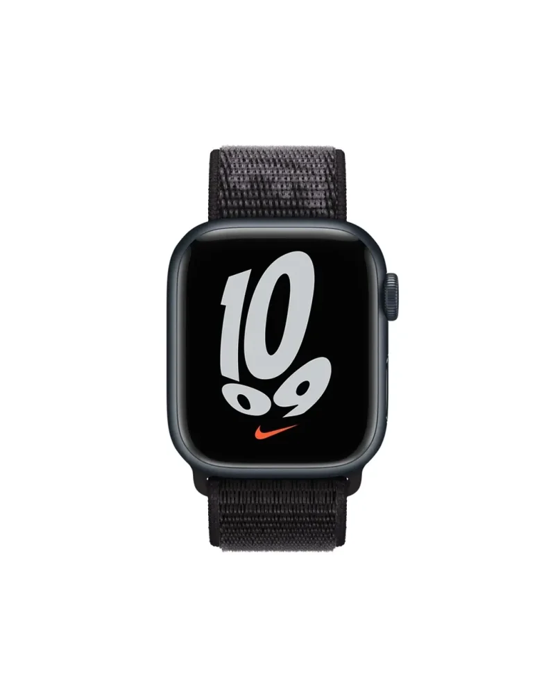 Apple Watch Nike black Sport Loop band with digital display showing time