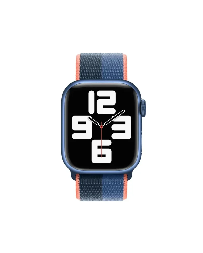 Blue smartwatch with woven sport loop band in blue and coral stripe