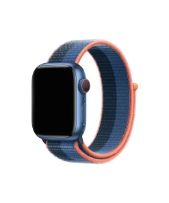 Blue smartwatch with navy and coral sport loop nylon band