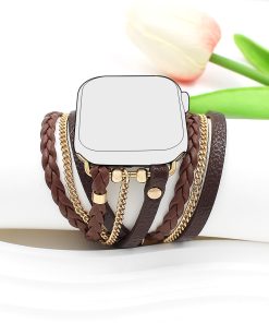 Brown leather boho wrap smartwatch band with gold chain accents