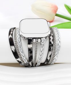 Silver boho wrap watch band with chains and braided leather straps