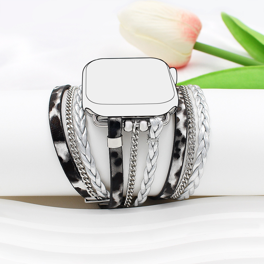 Silver boho wrap watch band with chains and braided leather straps