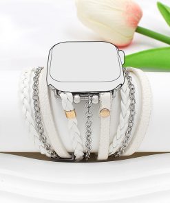 White leather boho wrap smartwatch band with chain and charm details