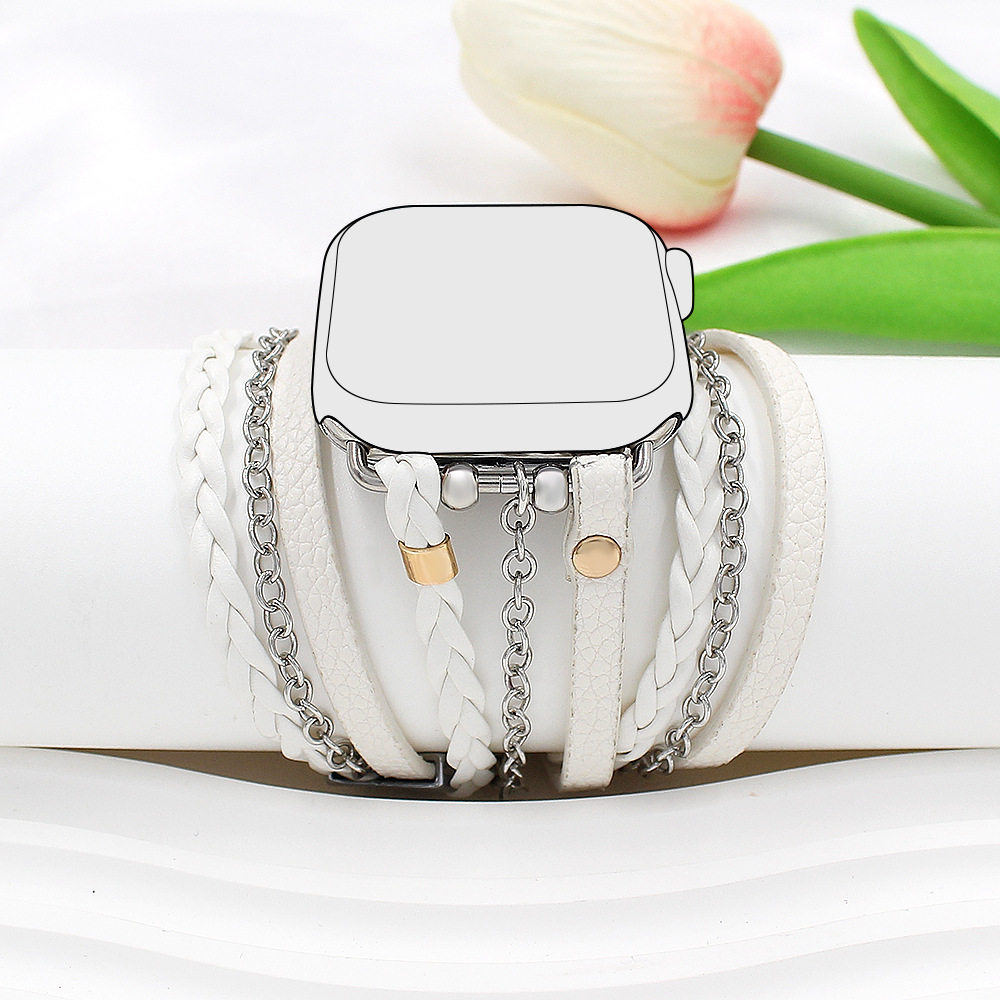 White leather boho wrap smartwatch band with chain and charm details