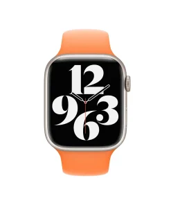 Smartwatch with silver case and bright orange sport band displaying time