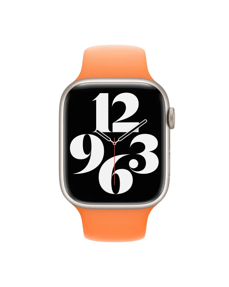 Smartwatch with silver case and bright orange sport band displaying time