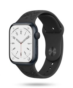 Apple Watch with black butterfly sport band and white dial display