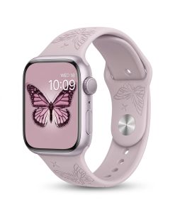 Pink Apple Watch with butterfly sport band and butterfly watch face display