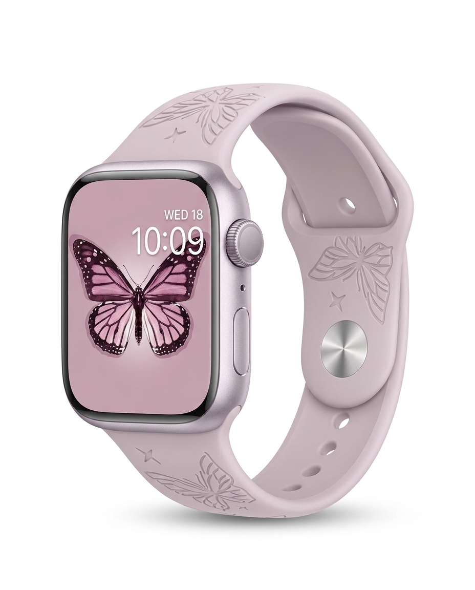 Pink Apple Watch with butterfly sport band and butterfly watch face display