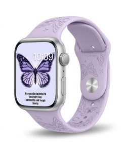 Apple Watch with purple butterfly sport band and silver aluminum case