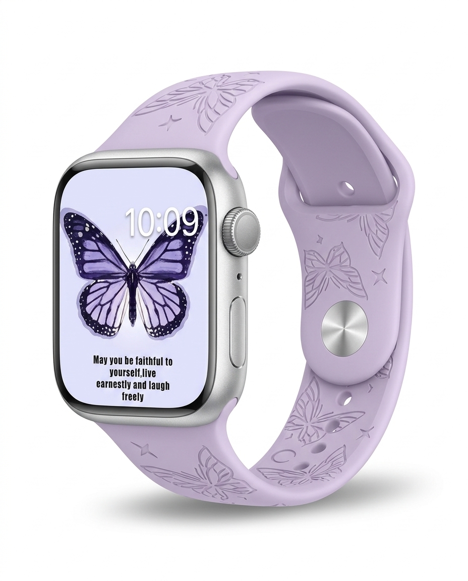 Apple Watch with purple butterfly sport band and silver aluminum case