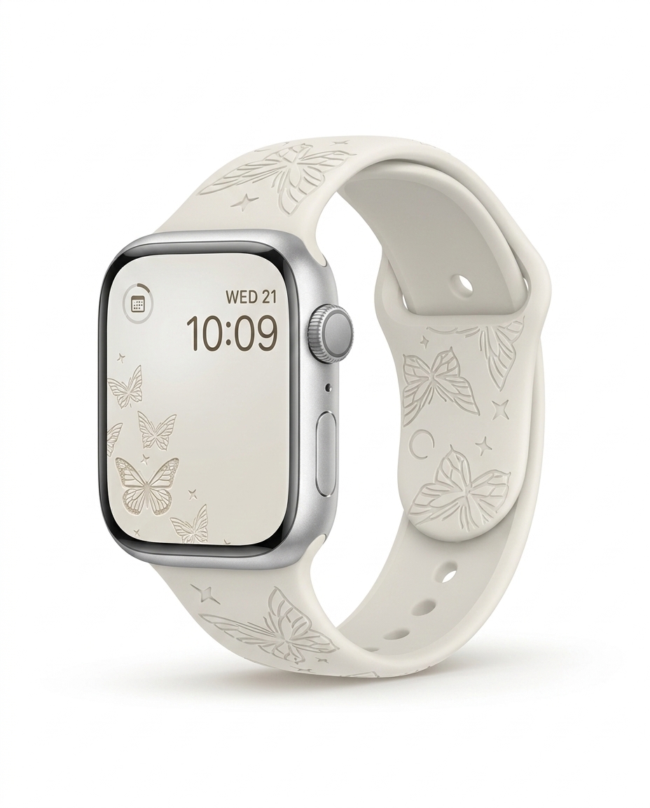 Apple Watch silver aluminum butterfly sport band starlight with time display