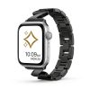 Silver smartwatch with black steel band and digital display showing time