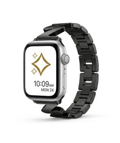Silver smartwatch with black steel band and digital display showing time
