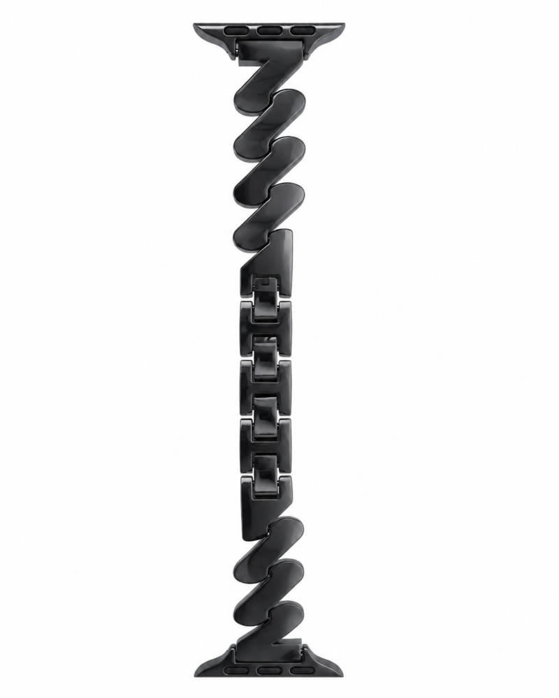 Black steel link smartwatch band with curved design connectors