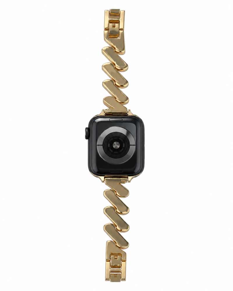 Black smartwatch with gold chain link band, modern tech accessory