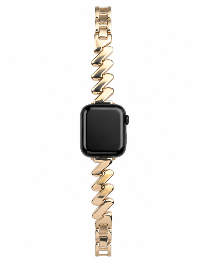 Apple Watch with gold wavy chain band and black case display