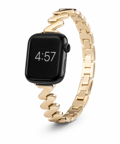 Apple Watch with gold chain link band and black square face displaying time