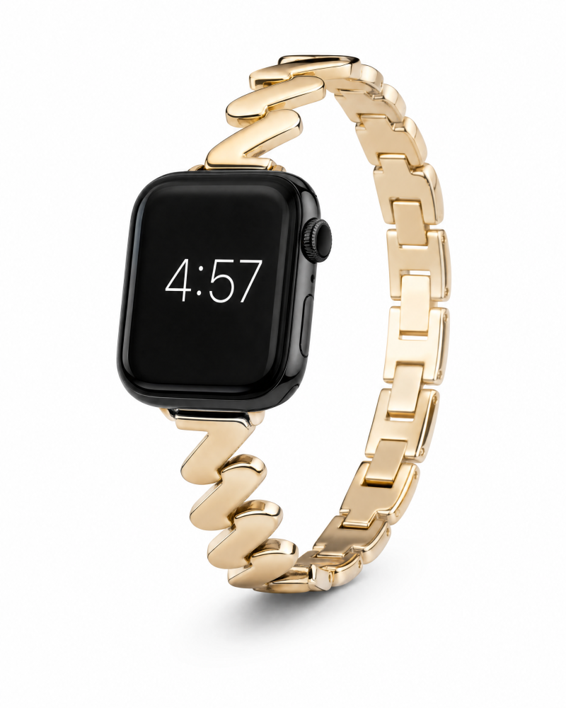 Apple Watch with gold chain link band and black square face displaying time