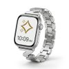 Silver stainless steel smartwatch band with square link design and digital display