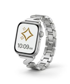 Silver stainless steel smartwatch band with square link design and digital display