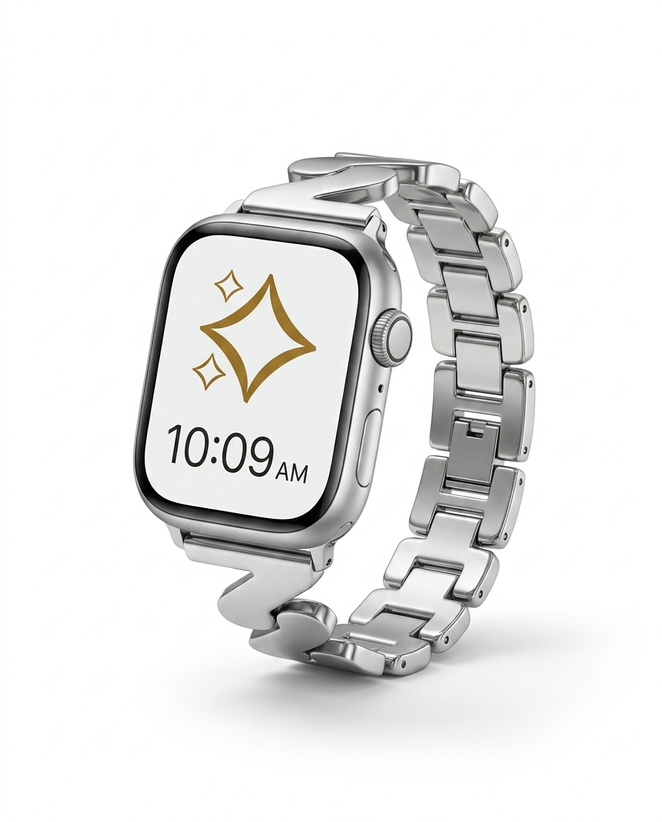 Silver stainless steel smartwatch band with square link design and digital display
