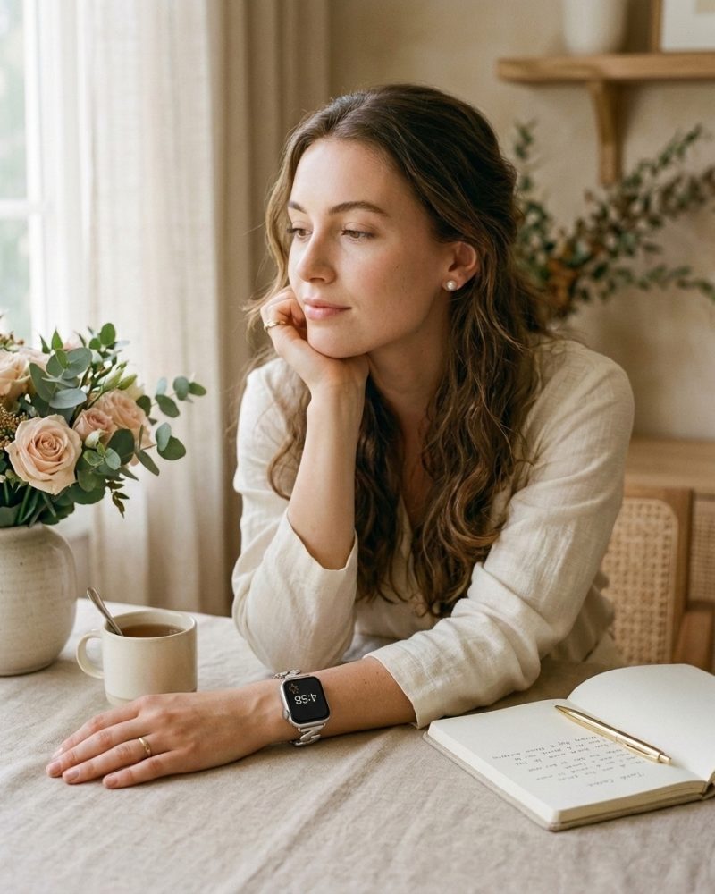 Woman wearing silver steel band smartwatch at desk with coffee and flowers
