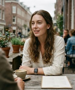 Woman wearing silver steel band smartwatch at outdoor café table
