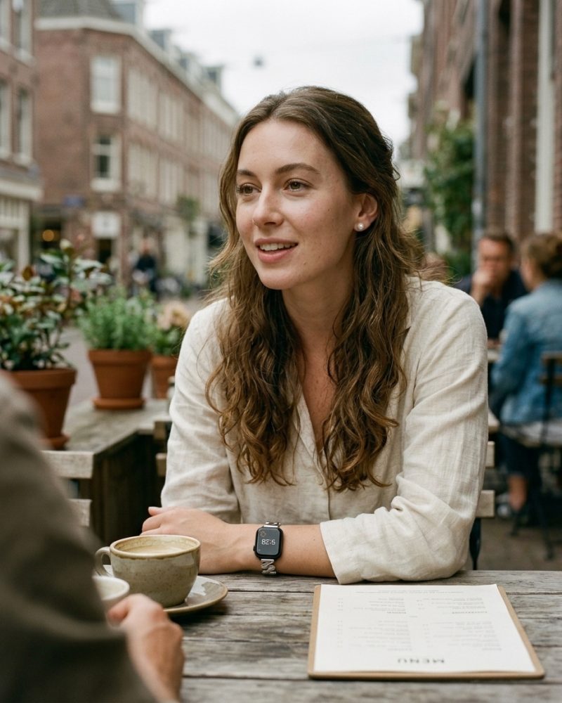 Woman wearing silver steel band smartwatch at outdoor café table