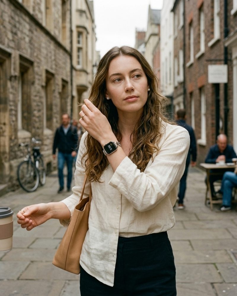 Woman wearing silver steel band smartwatch on urban street