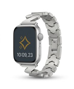 Silver stainless steel smartwatch band with chevron links and clasp