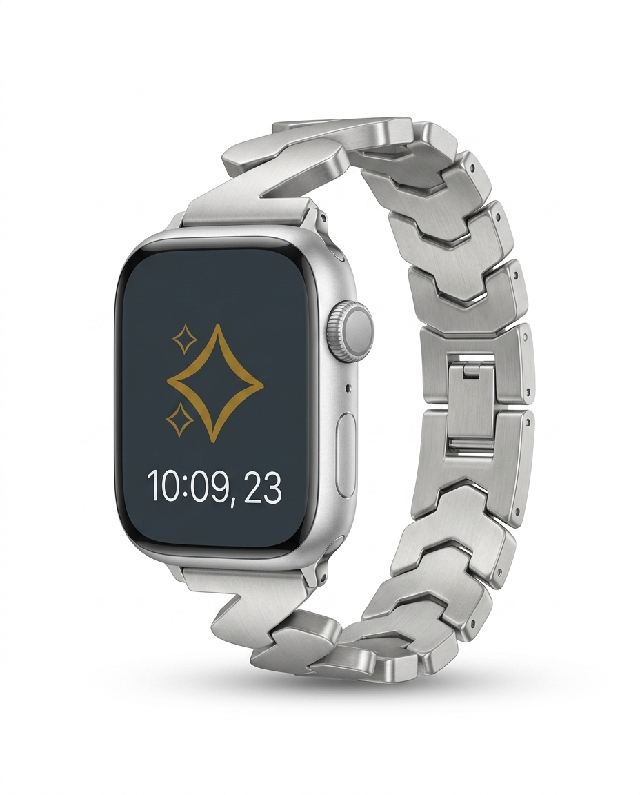 Silver stainless steel smartwatch band with chevron links and clasp