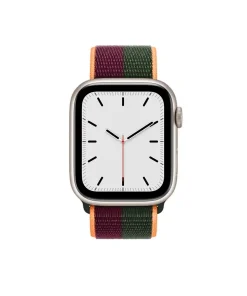 Silver smartwatch with colorful striped sport loop band in dark cherry and forest green