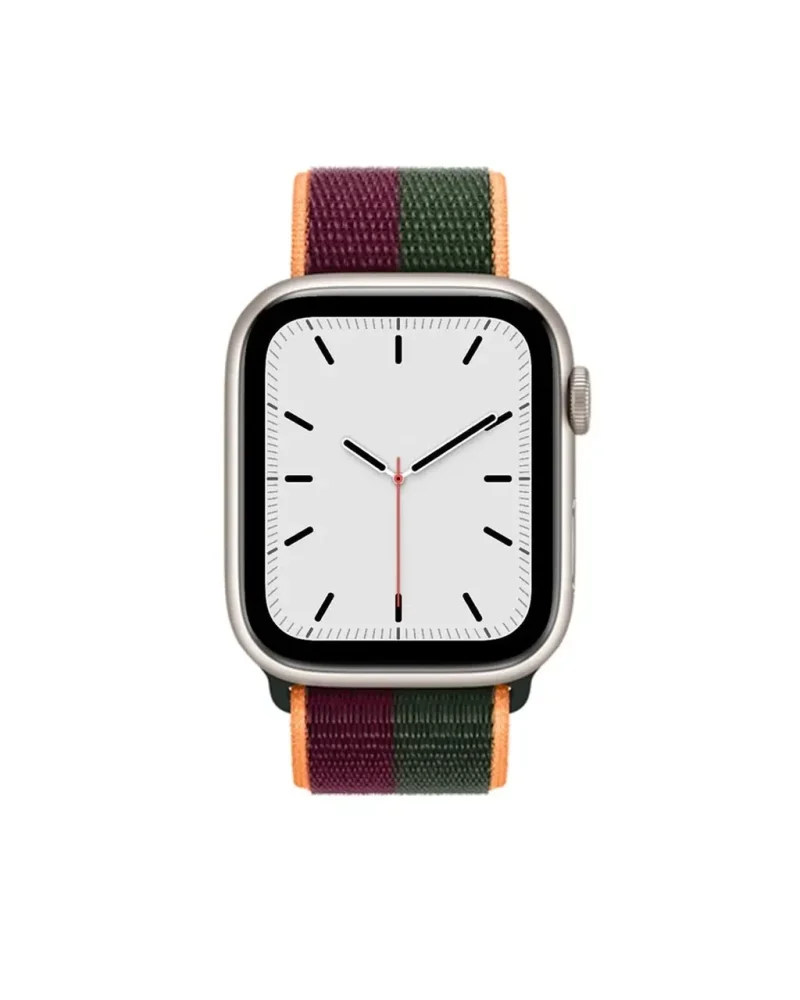 Silver smartwatch with colorful striped sport loop band in dark cherry and forest green