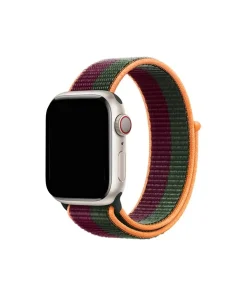 Apple Watch with colorful sport loop band in dark cherry, forest green and orange