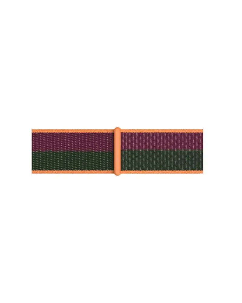 Striped sport loop watch band in dark cherry, forest green, and orange colors