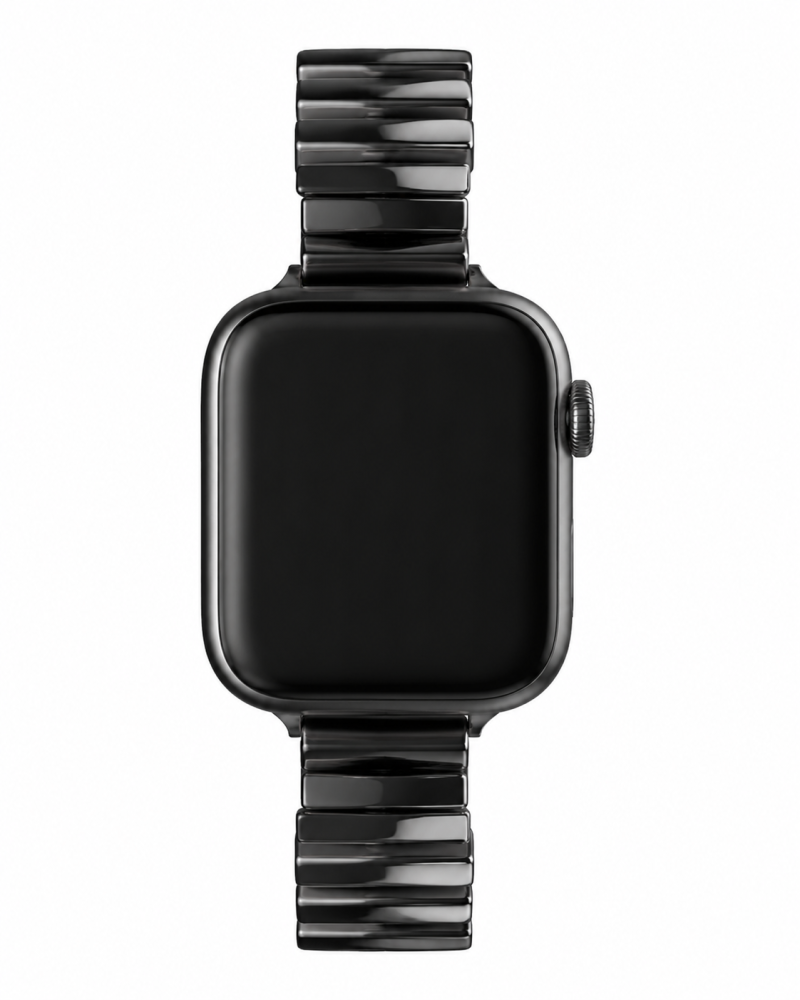 Black metal link band smartwatch strap with squared watch face