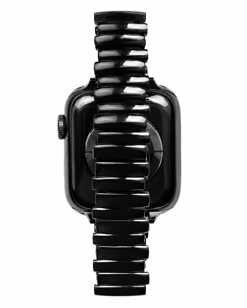 Black metal link strap smartwatch band with adjustable rectangular face design