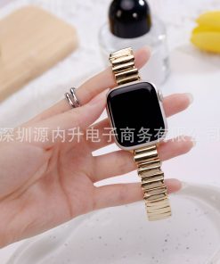 Gold metal band smartwatch strap with black square watch face display