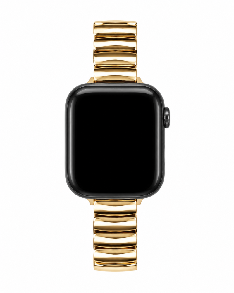 Apple Watch with black case and gold metal strap band