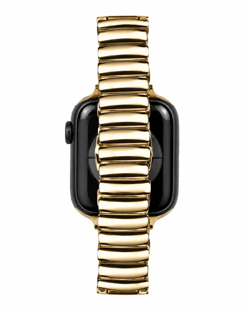 Apple Watch with gold metal strap band and black square face