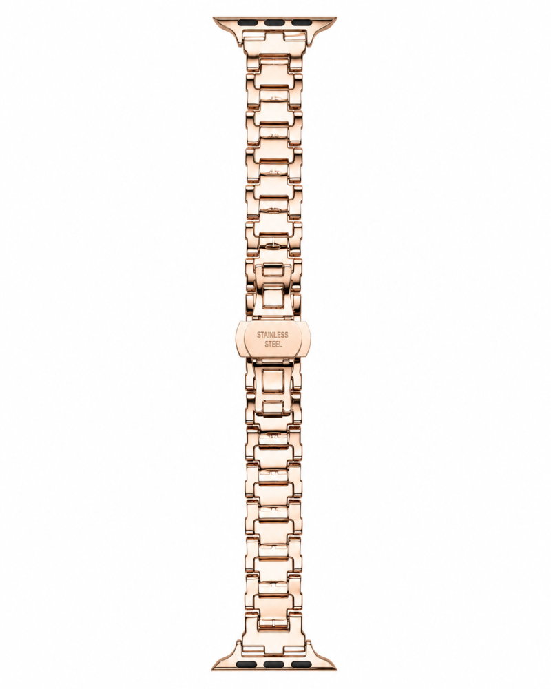 Rose gold stainless steel smartwatch band with metal link bracelet connector