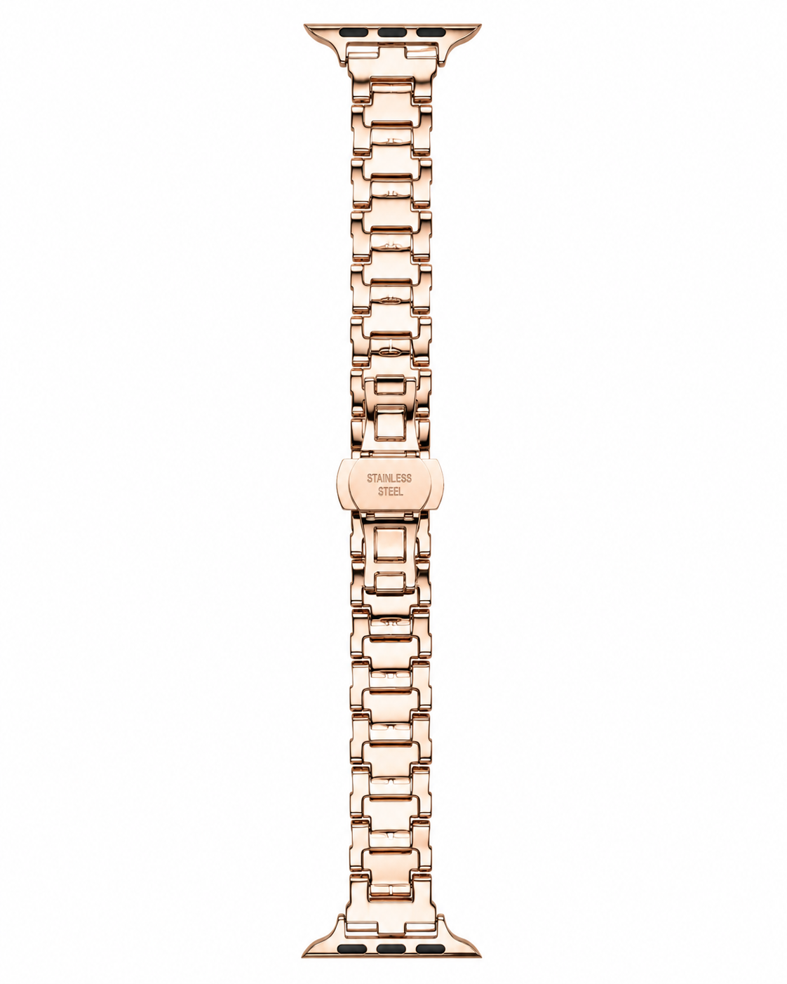 Rose gold stainless steel smartwatch band with metal link bracelet connector