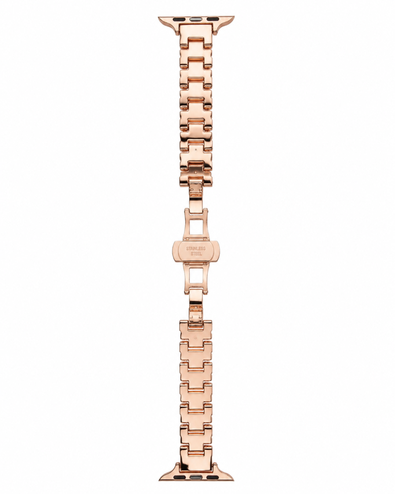 Rose gold stainless steel smartwatch band with link bracelet design