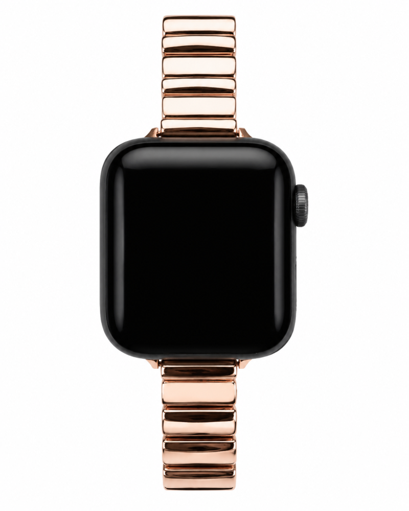 Apple Watch with rose gold metal band strap and black face